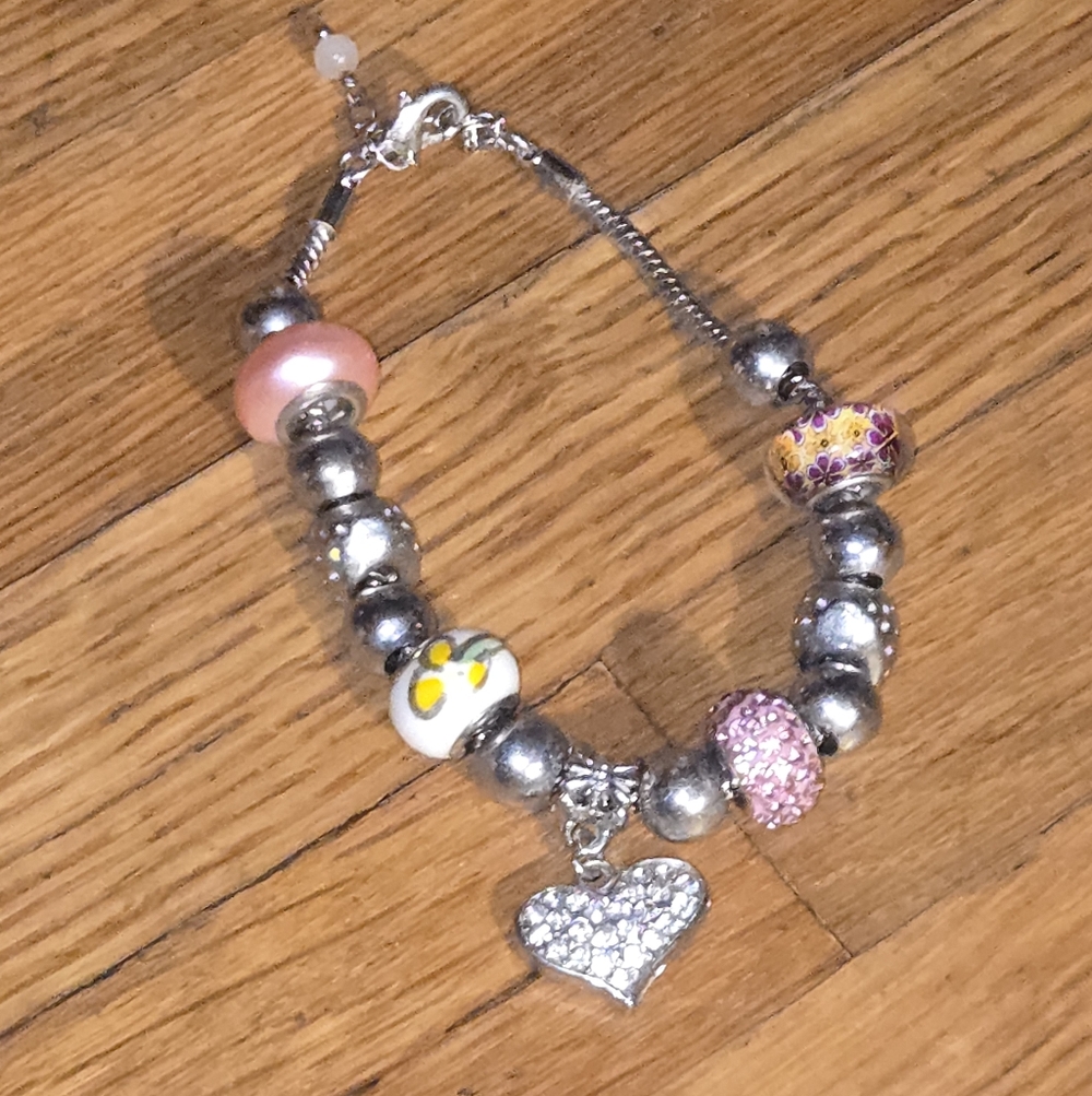 Silver Charm Bracelet with Pink and White Accents